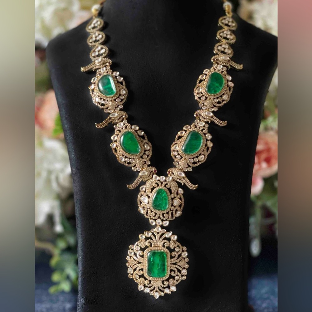 Statement Necklace Set Elegant Silver and Green Necklace with Earrings